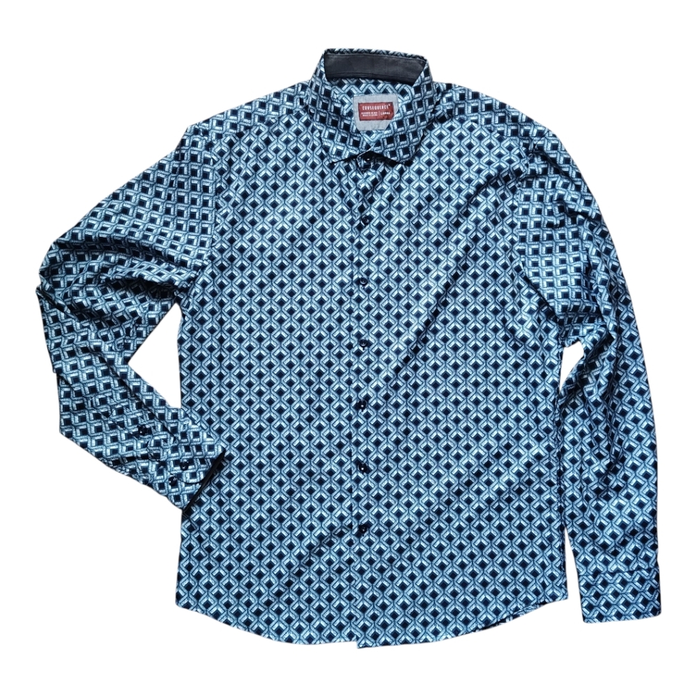 Consequence Diamond Geometric Patterned Navy Blue Button Up Long Sleeve Shirt